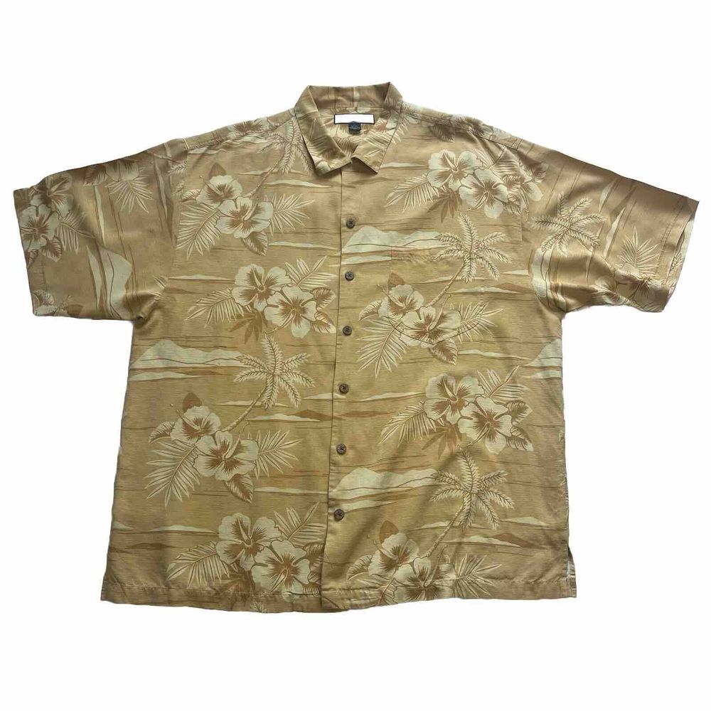 Tommy Bahama 100% Silk Hawaiian Button Down Shirt Yellow/Gold Men's Size XL